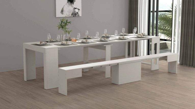 Set tavolo e sedie Crispin, Composizione multiuso, Set con consolle e 1 panca allungabili, 100% Made in Italy, 66x25h45 cm, Bianco