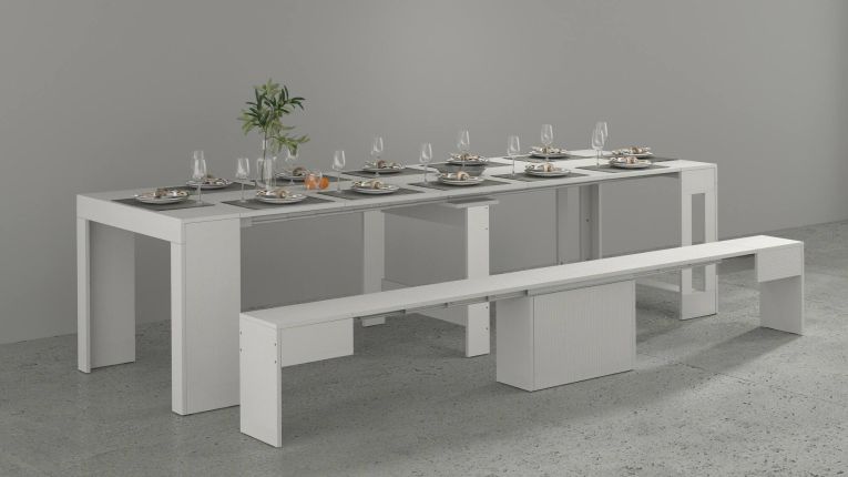 Set tavolo e sedie Crispin, Composizione multiuso, Set con consolle e 1 panca allungabili, 100% Made in Italy, 66x25h45 cm, Bianco