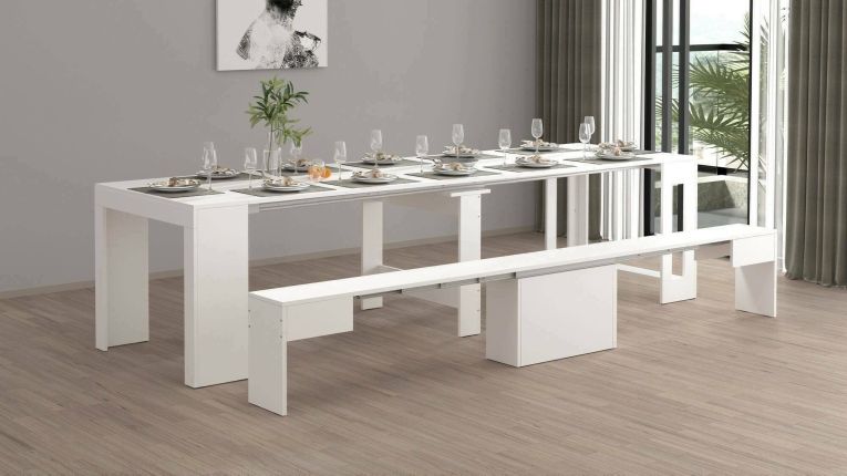 Set tavolo e sedie Crispin, Composizione multiuso, Set con consolle e 1 panca allungabili, 100% Made in Italy, 66x25h45 cm, Bianco lucido