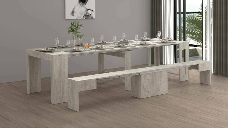 Set tavolo e sedie Crispin, Composizione multiuso, Set con consolle e 1 panca allungabili, 100% Made in Italy, 66x25h45 cm, Cemento