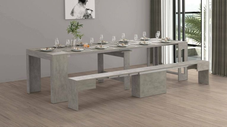 Set tavolo e sedie Crispin, Composizione multiuso, Set con consolle e 1 panca allungabili, 100% Made in Italy, 66x25h45 cm, Grigio