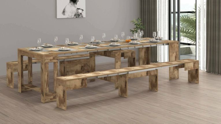 Set tavolo e sedie Eric, Composizione multiuso, Set con consolle e 2 panche allungabili, 100% Made in Italy, 66x25h45 cm, Acero