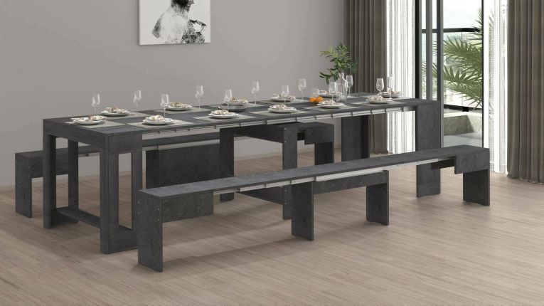 Set tavolo e sedie Eric, Composizione multiuso, Set con consolle e 2 panche allungabili, 100% Made in Italy, 66x25h45 cm, Ardesia