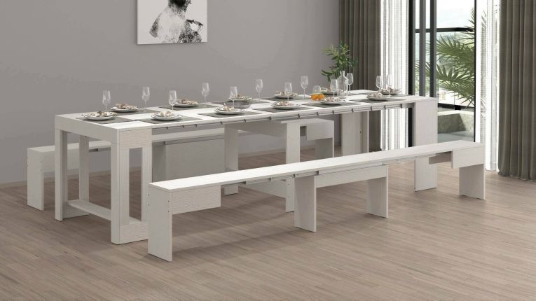 Set tavolo e sedie Eric, Composizione multiuso, Set con consolle e 2 panche allungabili, 100% Made in Italy, 66x25h45 cm, Bianco