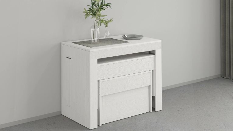 Set tavolo e sedie Eric, Composizione multiuso, Set con consolle e 2 panche allungabili, 100% Made in Italy, 66x25h45 cm, Bianco