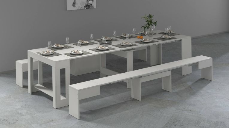 Set tavolo e sedie Eric, Composizione multiuso, Set con consolle e 2 panche allungabili, 100% Made in Italy, 66x25h45 cm, Bianco