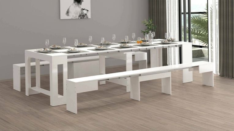 Set tavolo e sedie Eric, Composizione multiuso, Set con consolle e 2 panche allungabili, 100% Made in Italy, 66x25h45 cm, Bianco lucido