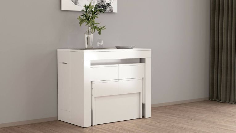 Set tavolo e sedie Eric, Composizione multiuso, Set con consolle e 2 panche allungabili, 100% Made in Italy, 66x25h45 cm, Bianco lucido