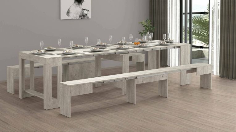 Set tavolo e sedie Eric, Composizione multiuso, Set con consolle e 2 panche allungabili, 100% Made in Italy, 66x25h45 cm, Cemento