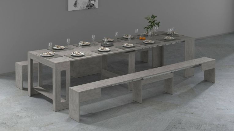 Set tavolo e sedie Eric, Composizione multiuso, Set con consolle e 2 panche allungabili, 100% Made in Italy, 66x25h45 cm, Grigio