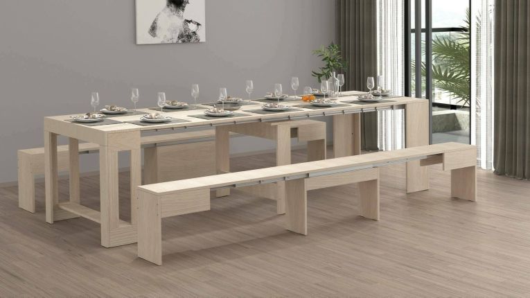 Set tavolo e sedie Eric, Composizione multiuso, Set con consolle e 2 panche allungabili, 100% Made in Italy, 66x25h45 cm, Olmo