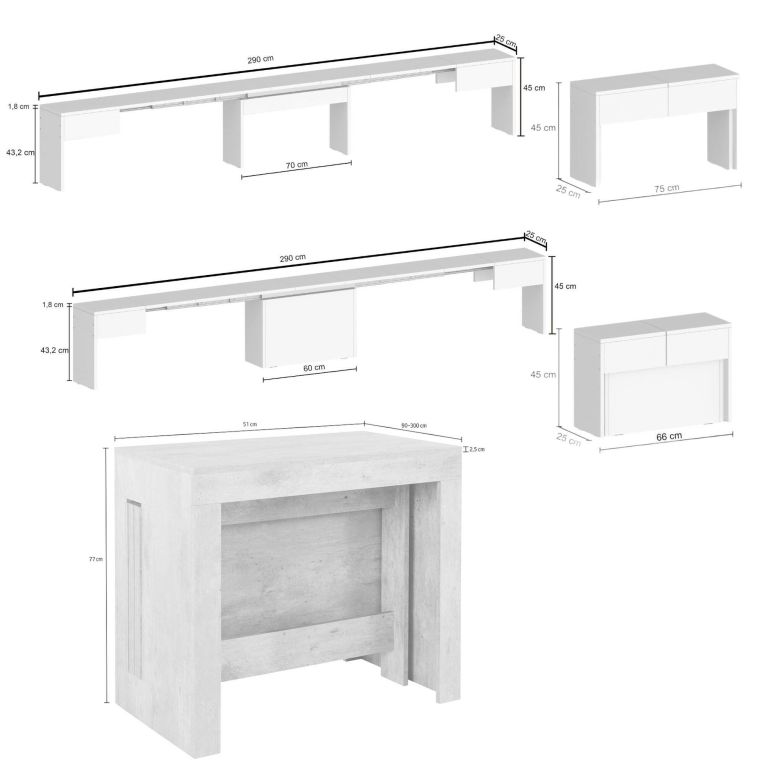 Set tavolo e sedie Eric, Composizione multiuso, Set con consolle e 2 panche allungabili, 100% Made in Italy, 66x25h45 cm, Olmo