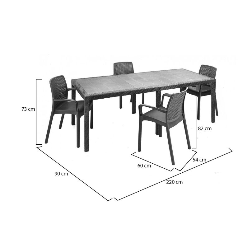 Set tavolo e sedie Manarola, Ripiano rettangolare allungabile da esterno con 4 sedie incluse, Tavolo e sedute da giardino effetto rattan, 100% Made in Italy, Antracite