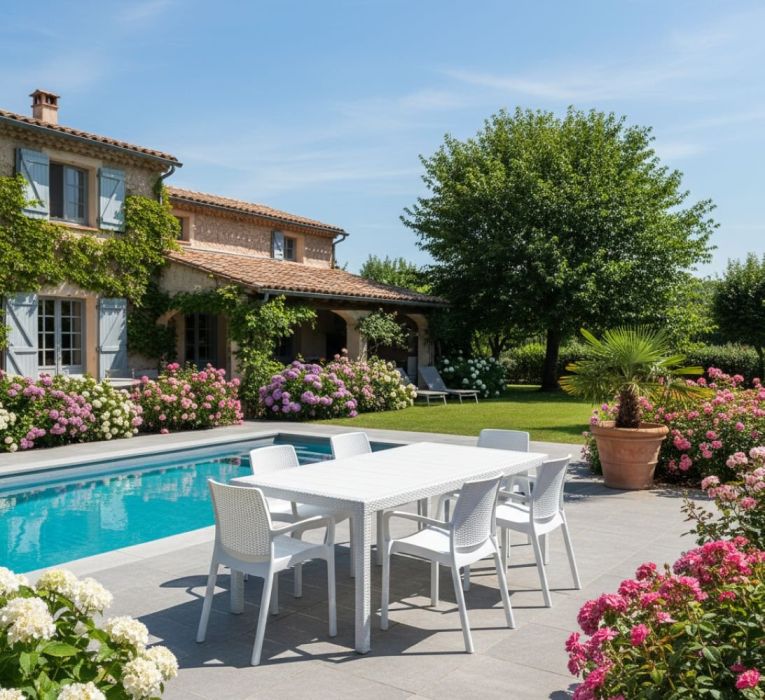 Set tavolo e sedie Manarola, Ripiano rettangolare allungabile da esterno con 4 sedie incluse, Tavolo e sedute da giardino effetto rattan, 100% Made in Italy, Bianco