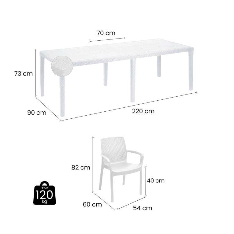 Set tavolo e sedie Manarola, Ripiano rettangolare allungabile da esterno con 4 sedie incluse, Tavolo e sedute da giardino effetto rattan, 100% Made in Italy, Bianco