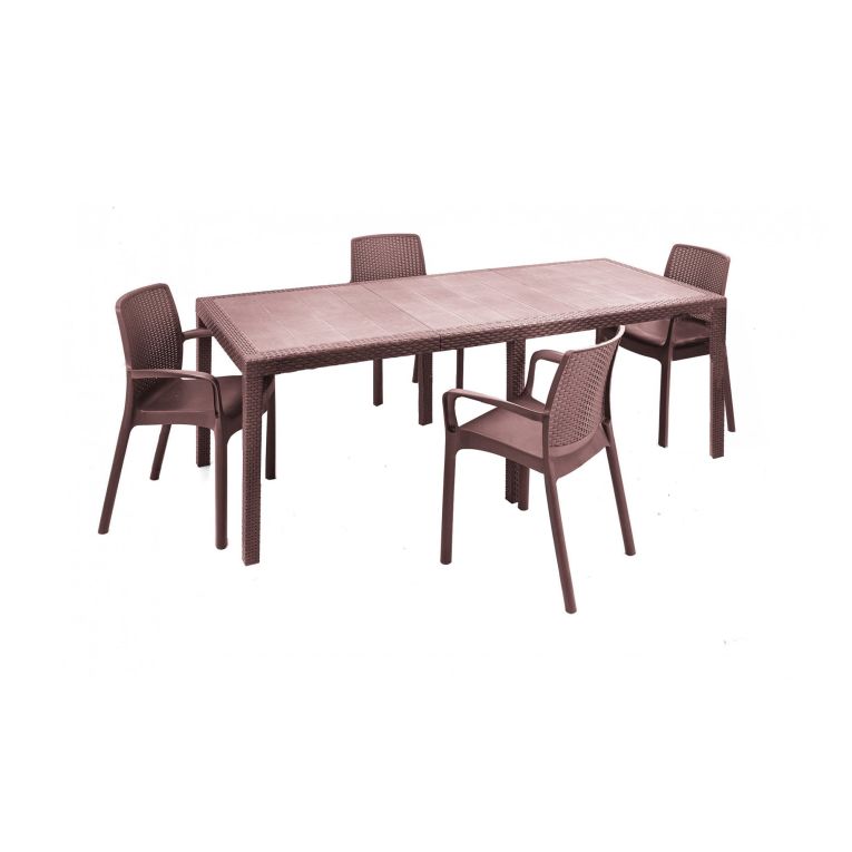 Set tavolo e sedie Manarola, Ripiano rettangolare allungabile da esterno con 4 sedie incluse, Tavolo e sedute da giardino effetto rattan, 100% Made in Italy, Marrone