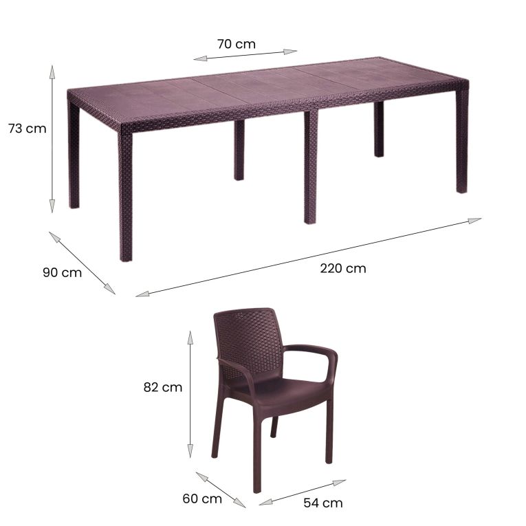 Set tavolo e sedie Manarola, Ripiano rettangolare allungabile da esterno con 4 sedie incluse, Tavolo e sedute da giardino effetto rattan, 100% Made in Italy, Marrone
