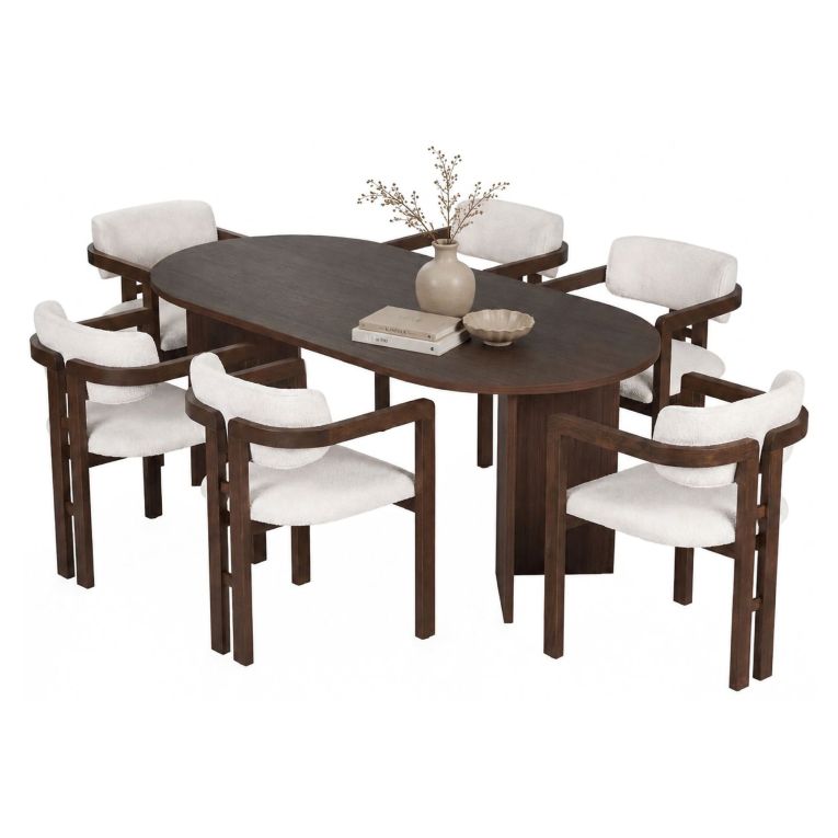 Set Tavolo e Sedie Marrone Bianco 6 Posti Sedie Effetto Bouclè, Dimensione Seduta 54x54h76 cm - Nohanoso