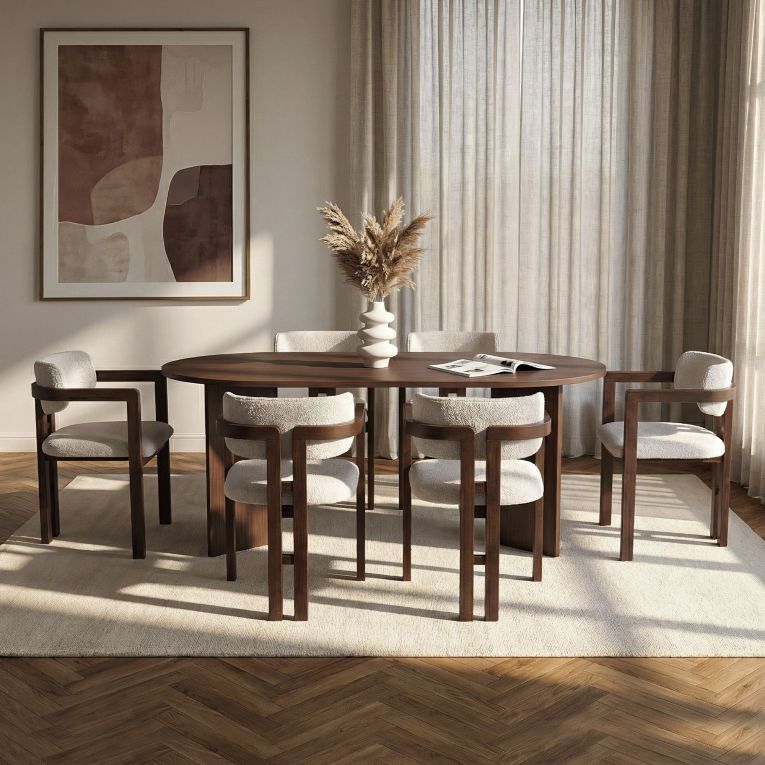 Set Tavolo e Sedie Marrone Bianco 6 Posti Sedie Effetto Bouclè, Dimensione Seduta 54x54h76 cm - Nohanoso