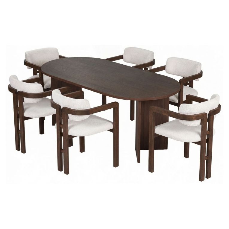 Set Tavolo e Sedie Marrone Bianco 6 Posti Sedie Effetto Bouclè, Dimensione Seduta 54x54h76 cm - Nohanoso