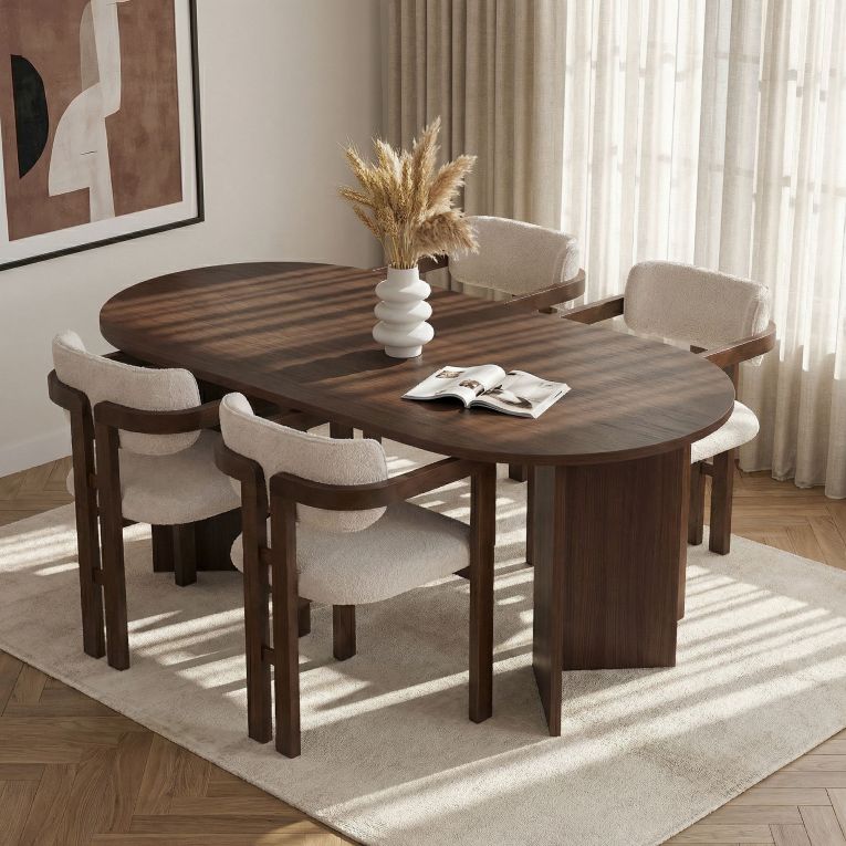 Set Tavolo e Sedie Marrone Bianco 6 Posti Sedie Effetto Bouclè, Dimensione Seduta 54x54h76 cm - Noharoha