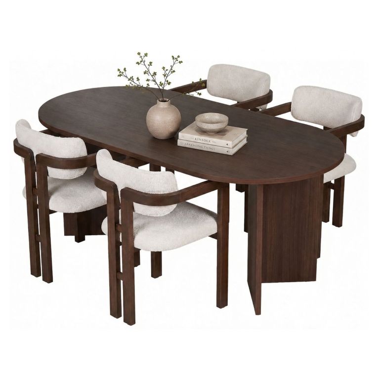 Set Tavolo e Sedie Marrone Bianco 6 Posti Sedie Effetto Bouclè, Dimensione Seduta 54x54h76 cm - Noharoha