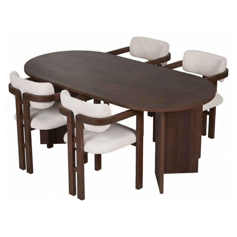 Set Tavolo e Sedie Marrone Bianco 6 Posti Sedie Effetto Bouclè, Dimensione Seduta 54x54h76 cm - Noharoha