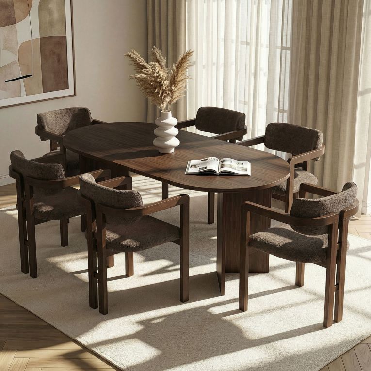 Set Tavolo e Sedie Marrone Noce 6 Posti Sedie Effetto Bouclè, Dimensione Tavolo 180x90h75 cm - Nohanoso