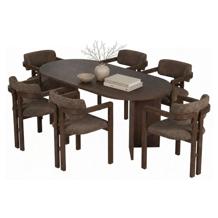 Set Tavolo e Sedie Marrone Noce 6 Posti Sedie Effetto Bouclè, Dimensione Tavolo 180x90h75 cm - Nohanoso