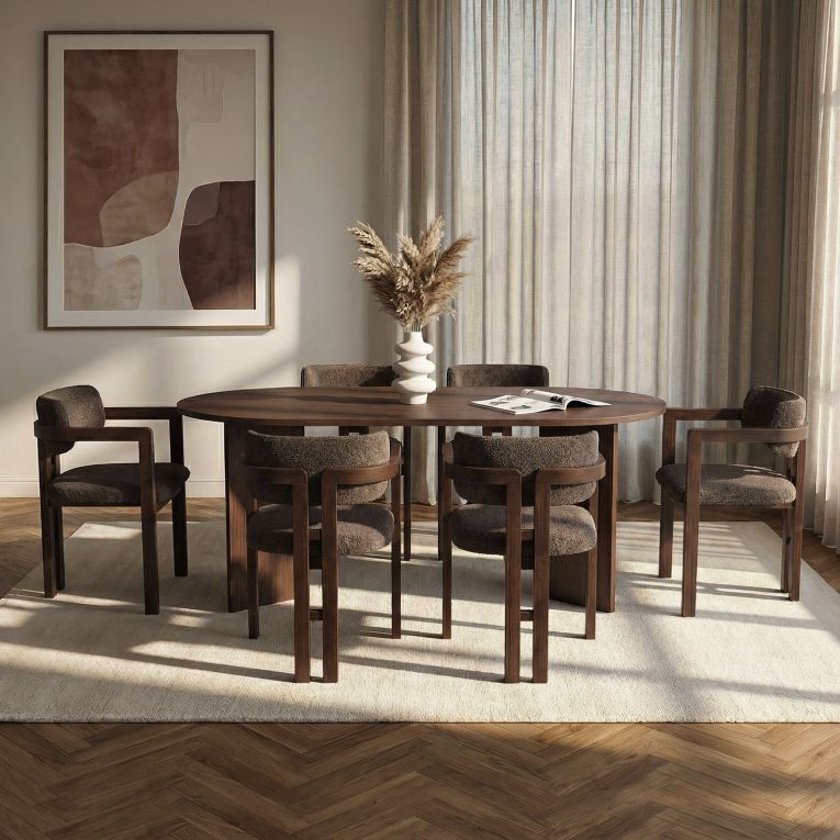 Set Tavolo e Sedie Marrone Noce 6 Posti Sedie Effetto Bouclè, Dimensione Tavolo 180x90h75 cm - Nohanoso