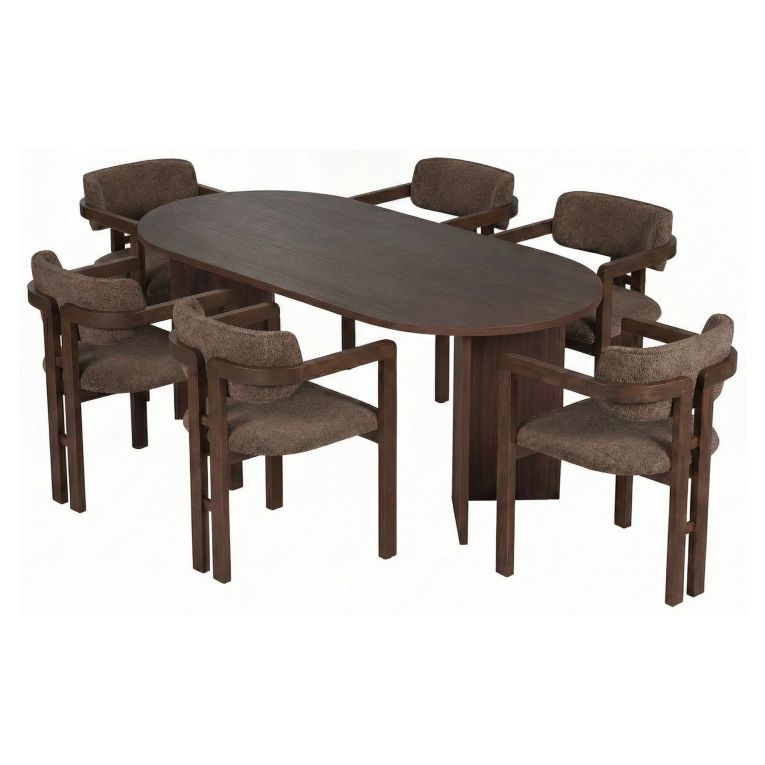 Set Tavolo e Sedie Marrone Noce 6 Posti Sedie Effetto Bouclè, Dimensione Tavolo 180x90h75 cm - Nohanoso