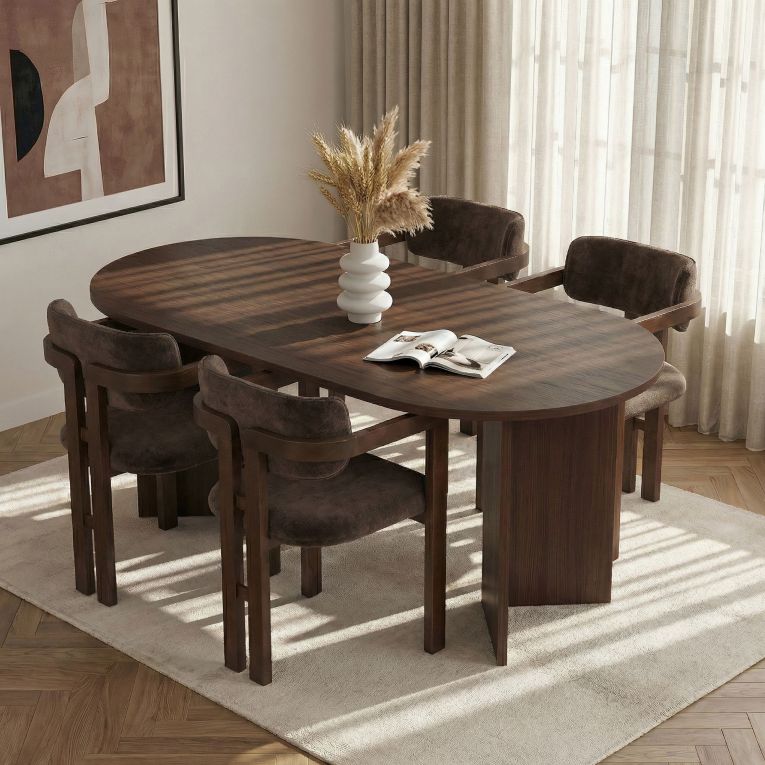 Set Tavolo e Sedie Marrone Noce 6 Posti Sedie Effetto Bouclè, Dimensione Tavolo 180x90h75 cm - Noharoha