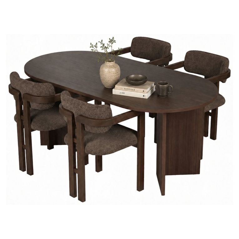 Set Tavolo e Sedie Marrone Noce 6 Posti Sedie Effetto Bouclè, Dimensione Tavolo 180x90h75 cm - Noharoha