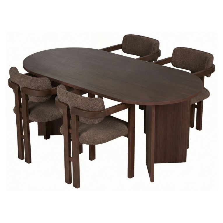 Set Tavolo e Sedie Marrone Noce 6 Posti Sedie Effetto Bouclè, Dimensione Tavolo 180x90h75 cm - Noharoha