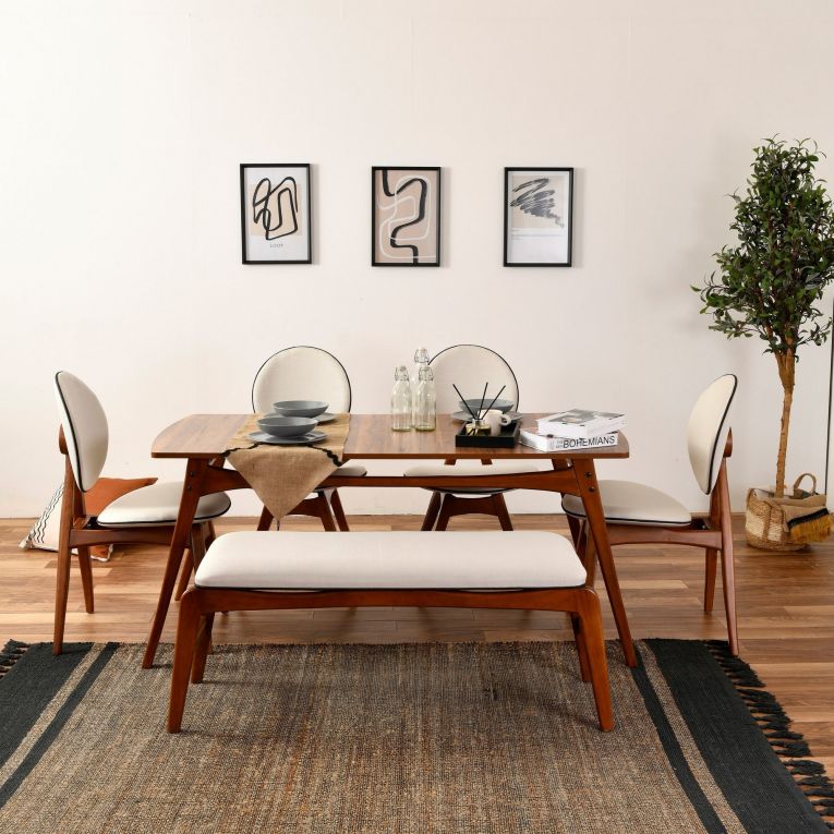 Set Tavolo e Sedie Marrone Noce Bianco Crema 6 Posti Dimensione Seduta Panca: 105x40h48 cm, Sedie: 54x44h90 cm, Dimensione Tavolo 160x78h75 cm