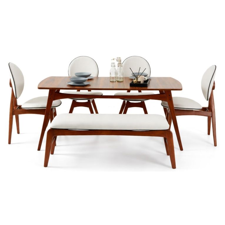 Set Tavolo e Sedie Marrone Noce Bianco Crema 6 Posti Dimensione Seduta Panca: 105x40h48 cm, Sedie: 54x44h90 cm, Dimensione Tavolo 160x78h75 cm