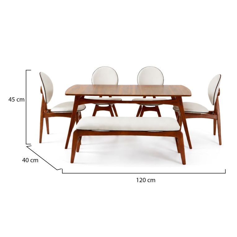 Set Tavolo e Sedie Marrone Noce Bianco Crema 6 Posti Dimensione Seduta Panca: 105x40h48 cm, Sedie: 54x44h90 cm, Dimensione Tavolo 160x78h75 cm