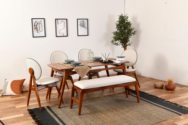 Set Tavolo e Sedie Marrone Noce Bianco Crema 6 Posti Dimensione Seduta Panca: 105x40h48 cm, Sedie: 54x44h90 cm, Dimensione Tavolo 160x78h75 cm
