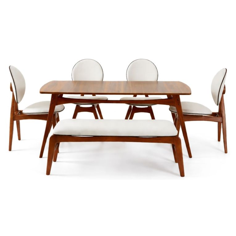 Set Tavolo e Sedie Marrone Noce Bianco Crema 6 Posti Dimensione Seduta Panca: 105x40h48 cm, Sedie: 54x44h90 cm, Dimensione Tavolo 160x78h75 cm