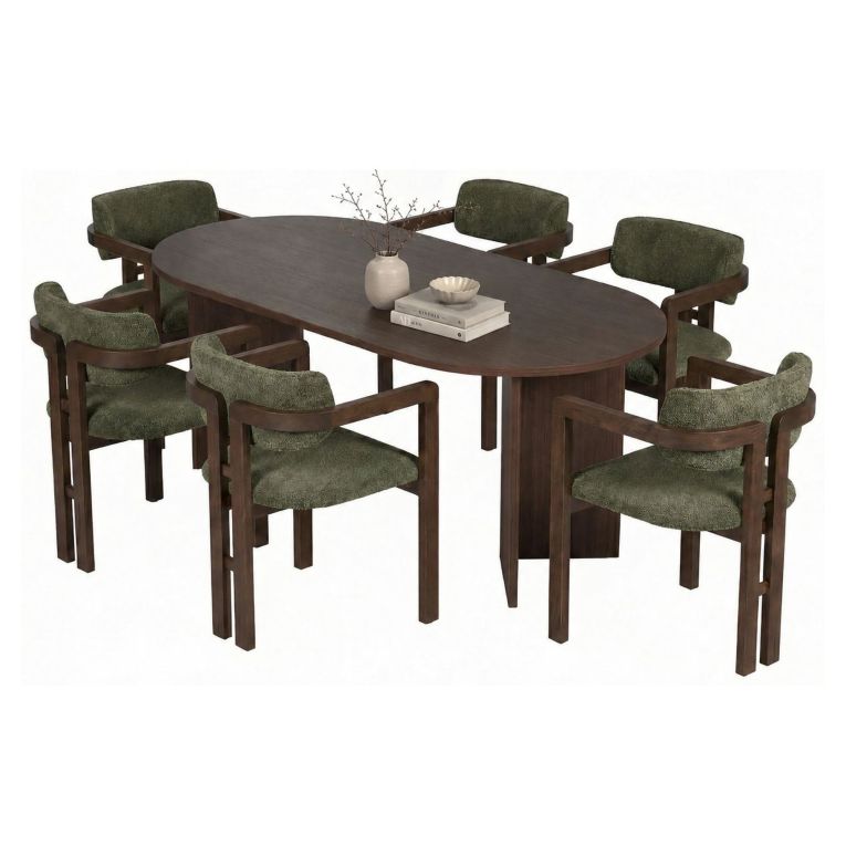 Set Tavolo e Sedie Marrone Verde 6 Posti Sedie Effetto Bouclè, Dimensione Seduta 54x54h76 cm - Nohanoso