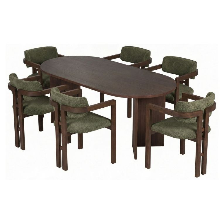 Set Tavolo e Sedie Marrone Verde 6 Posti Sedie Effetto Bouclè, Dimensione Seduta 54x54h76 cm - Nohanoso