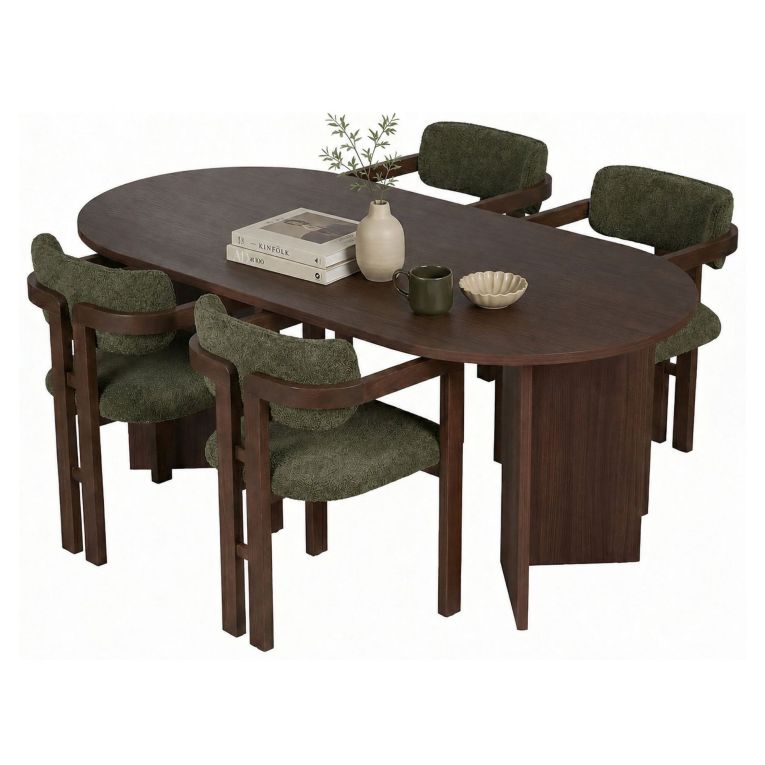 Set Tavolo e Sedie Marrone Verde 6 Posti Sedie Effetto Bouclè, Dimensione Seduta 54x54h76 cm - Noharoha