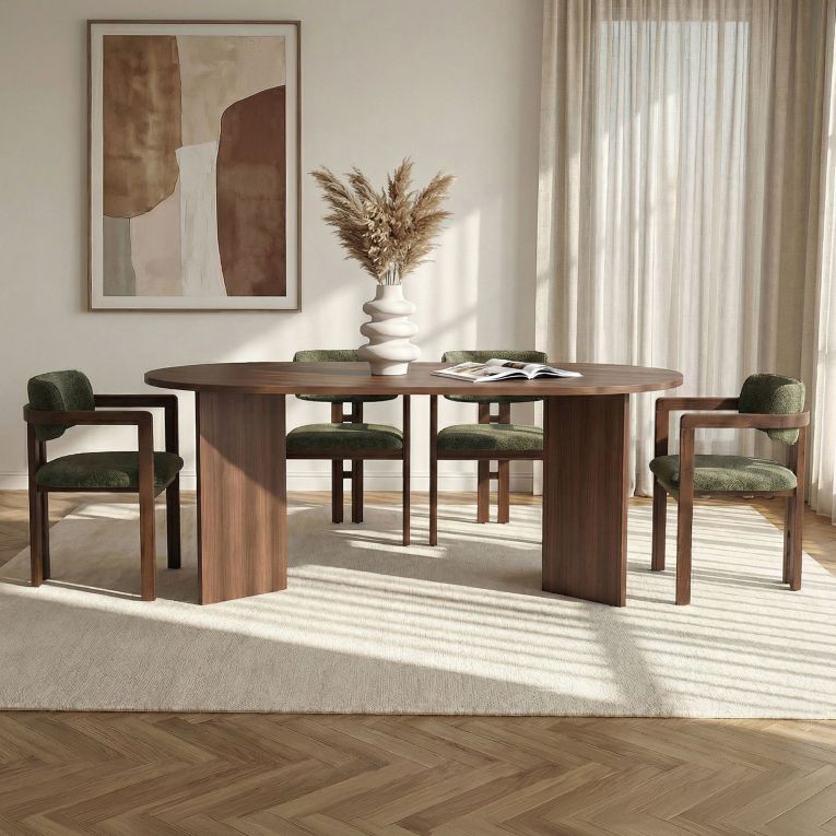 Set Tavolo e Sedie Marrone Verde 6 Posti Sedie Effetto Bouclè, Dimensione Seduta 54x54h76 cm - Noharoha
