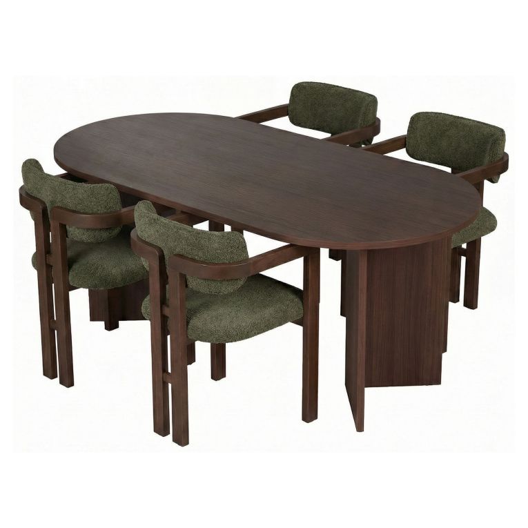 Set Tavolo e Sedie Marrone Verde 6 Posti Sedie Effetto Bouclè, Dimensione Seduta 54x54h76 cm - Noharoha