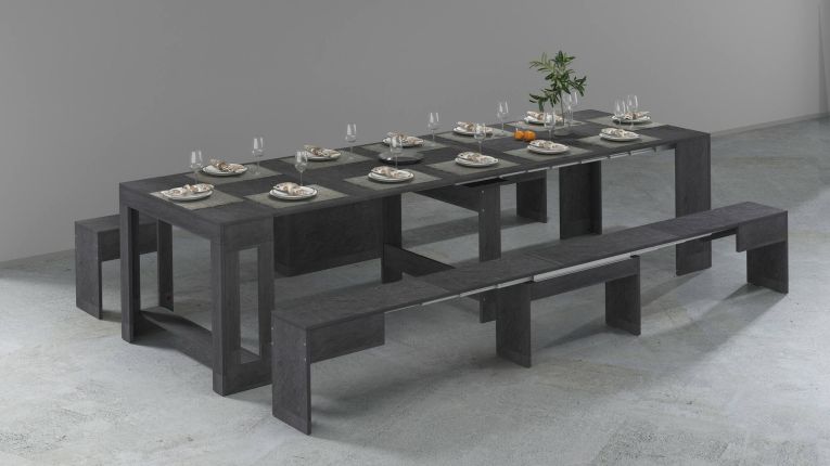 Set tavolo pranzo estensibile e 2 panche estensibili ardesia 12 posti - Auditore