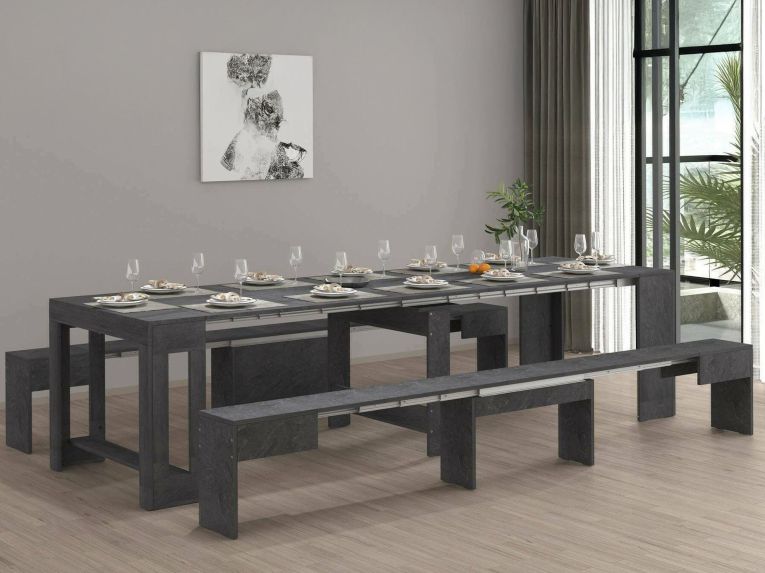 Set tavolo pranzo estensibile e 2 panche estensibili ardesia 12 posti - Auditore