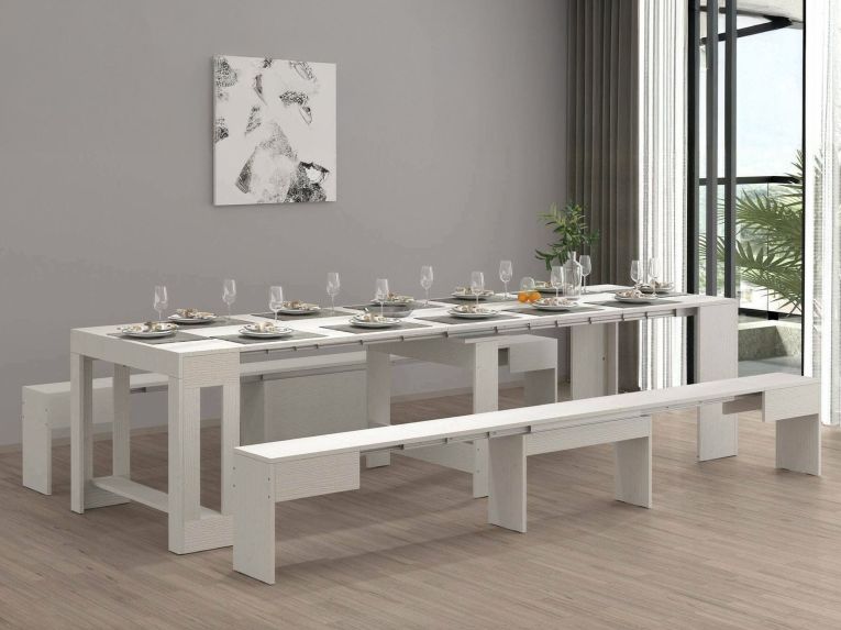 Set tavolo soggiorno estensibile e 2 panche estensibili bianco 12 posti - Auditore
