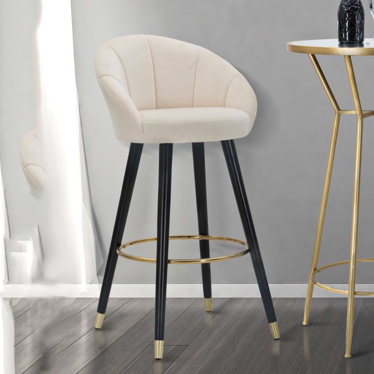 Sgabello Bianco Crema Nero Imbottito Rivestimento in Velluto 55x56x104h cm, Materiale Struttura in Tessuto - Huanca