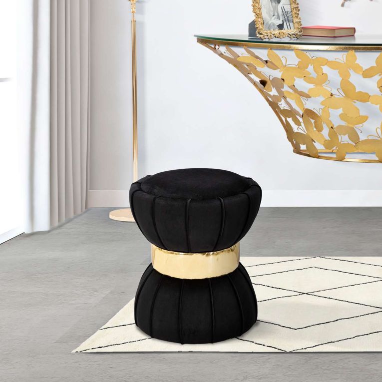 Sgabello Nero oro Imbottito Rivestimento in Velluto 40x40x44h cm, Materiale Struttura in Legno - Samaip