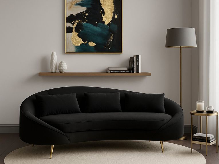 Sofà in legno e metallo rivestito in tessuto nero e oro 185x84x68h cm - Verte